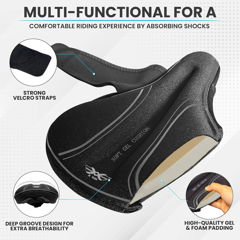 X WING Gel Padded Bike Seat Cover fits Peloton, Peloton Bike+, City, Road & Mountain, Bike Seat Cushion Comfort for Men and Women, Soft Bicycle Seat Cover with Cross-Stitch Velcro Straps - Image 3